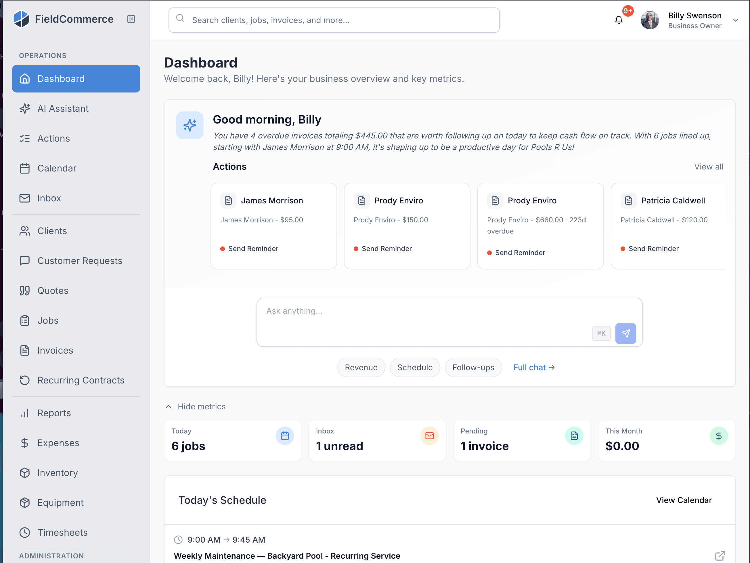 FieldCommerce dashboard with an AI morning briefing summarizing overdue invoices, suggested follow-up actions, and today's schedule