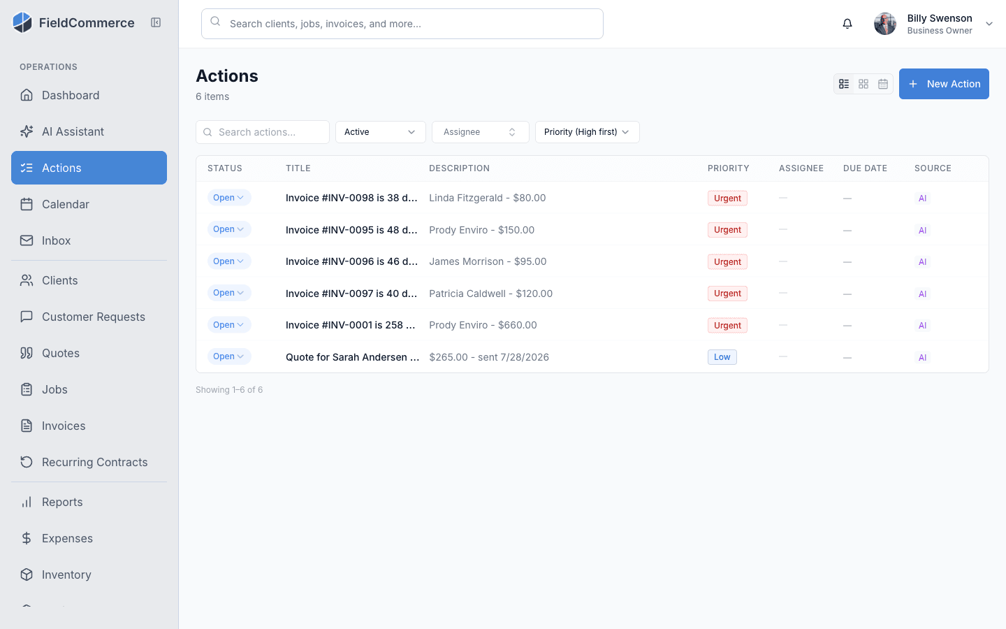 FieldCommerce Actions queue with AI-generated follow-ups for overdue invoices and aging quotes, prioritized by urgency