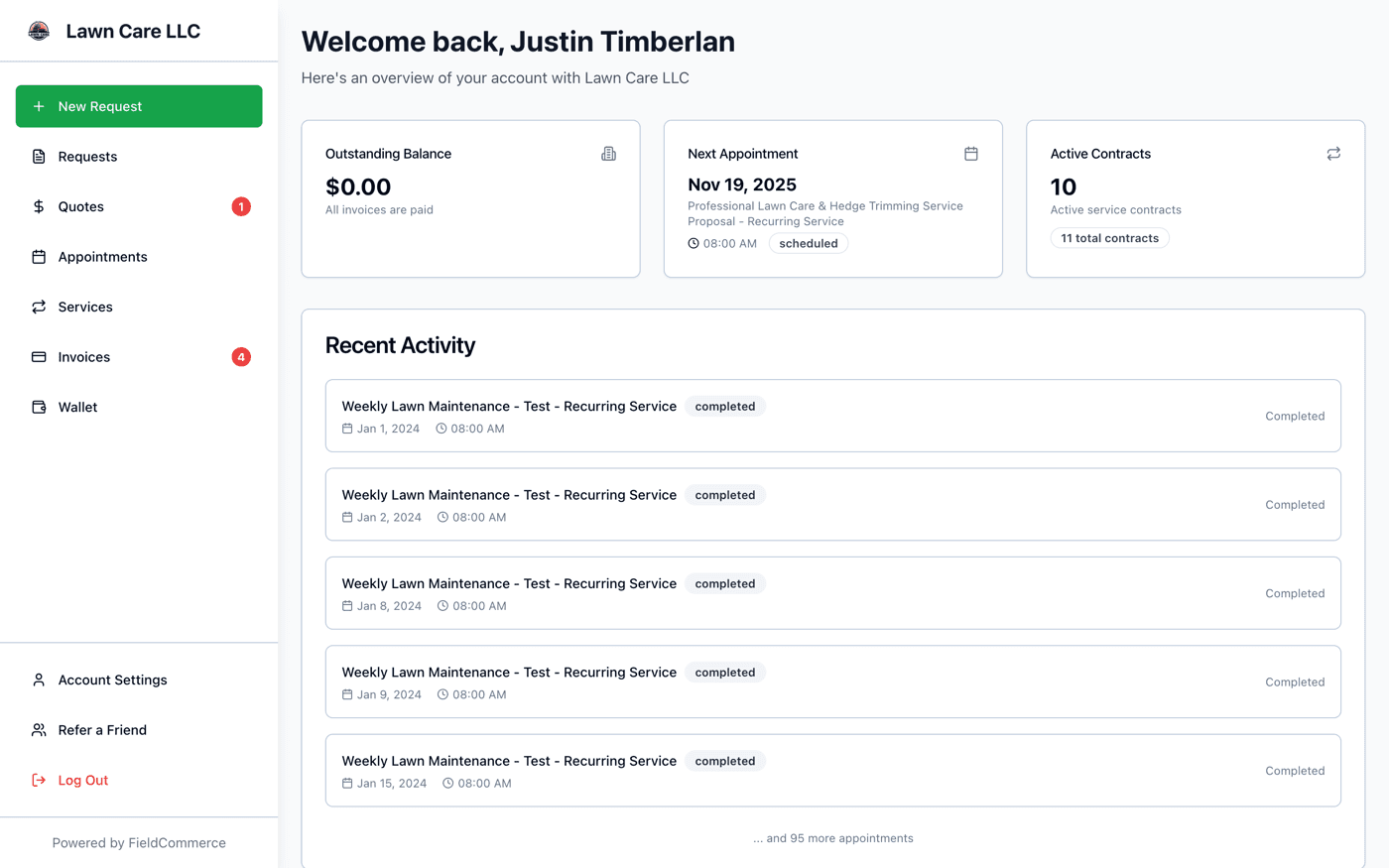 FieldCommerce customer portal with activity feed and account overview