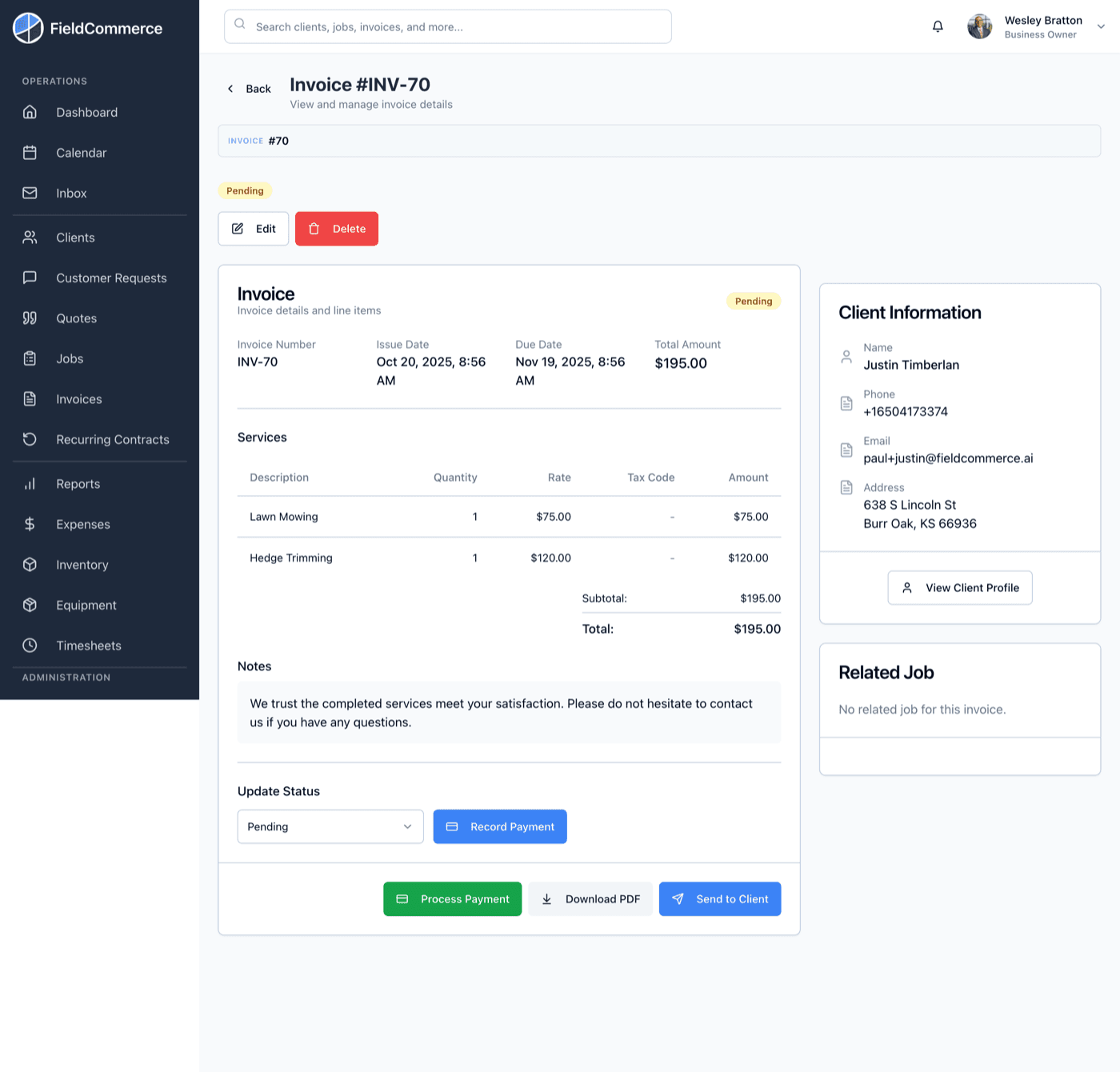 FieldCommerce invoice detail with payment processing and client info