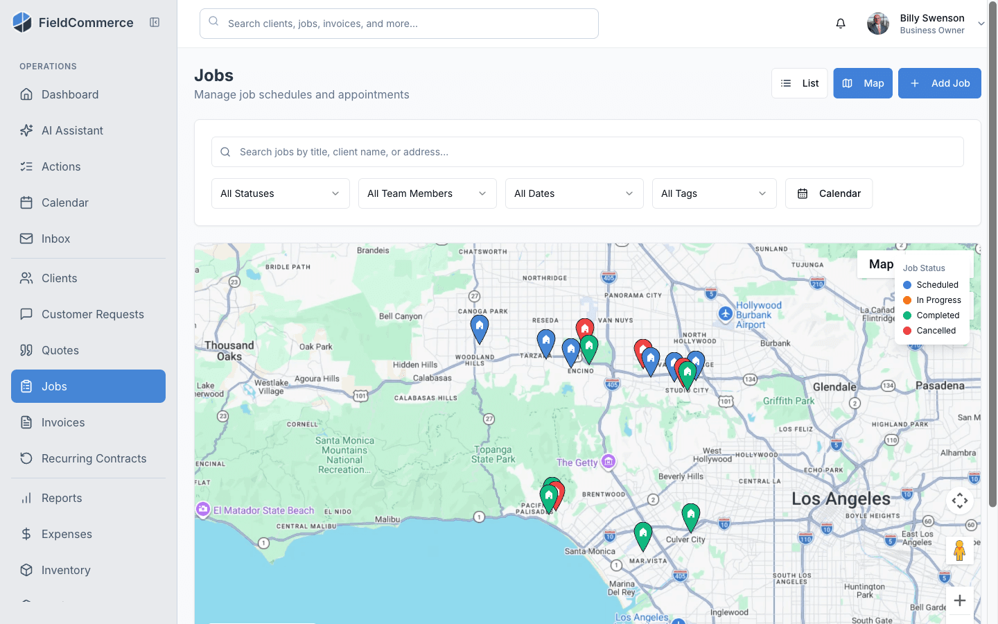 FieldCommerce jobs map view with color-coded job status pins across a service area