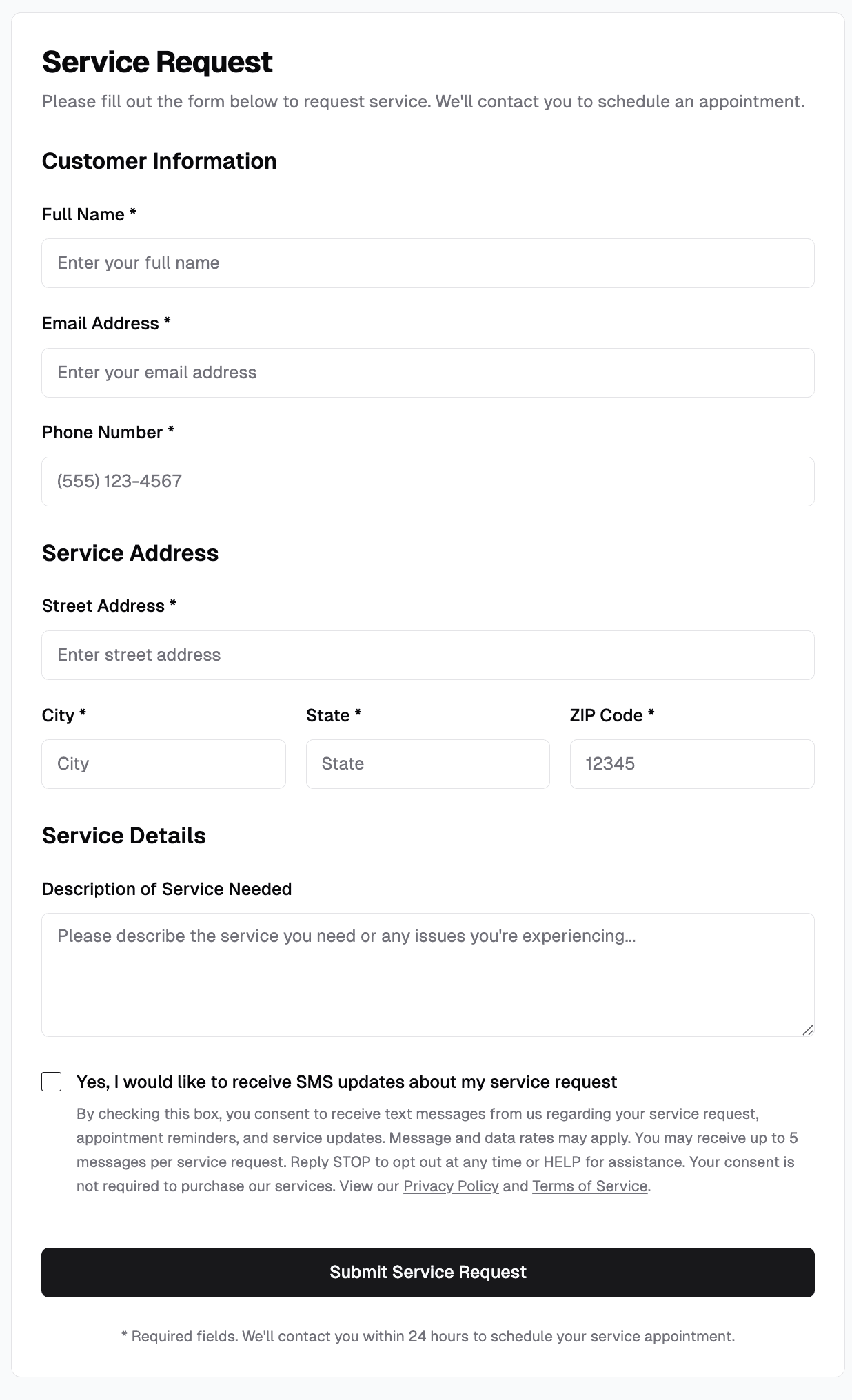 FieldCommerce customer-facing service request form on mobile