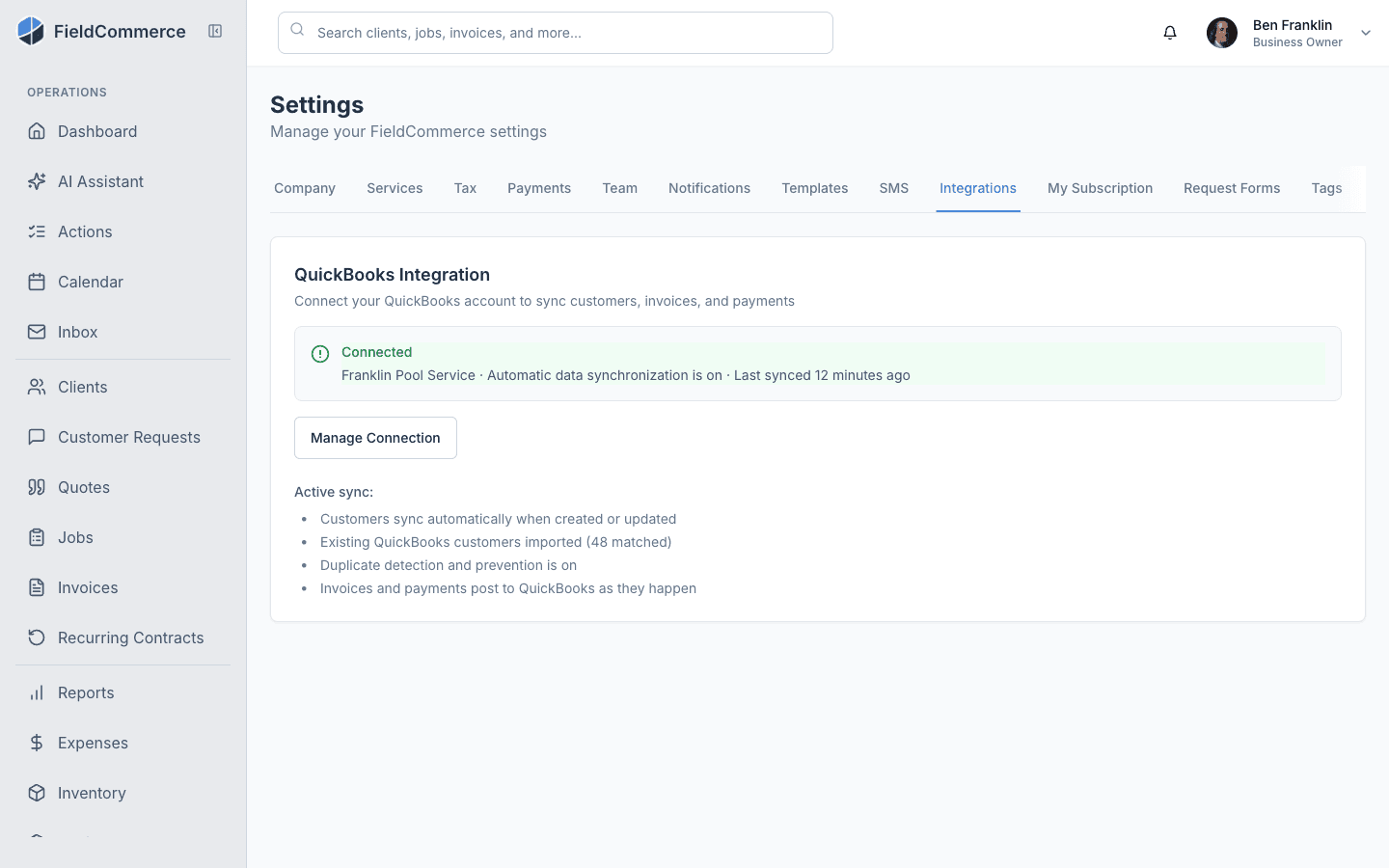 FieldCommerce QuickBooks integration settings showing a connected account with automatic customer, invoice, and payment sync