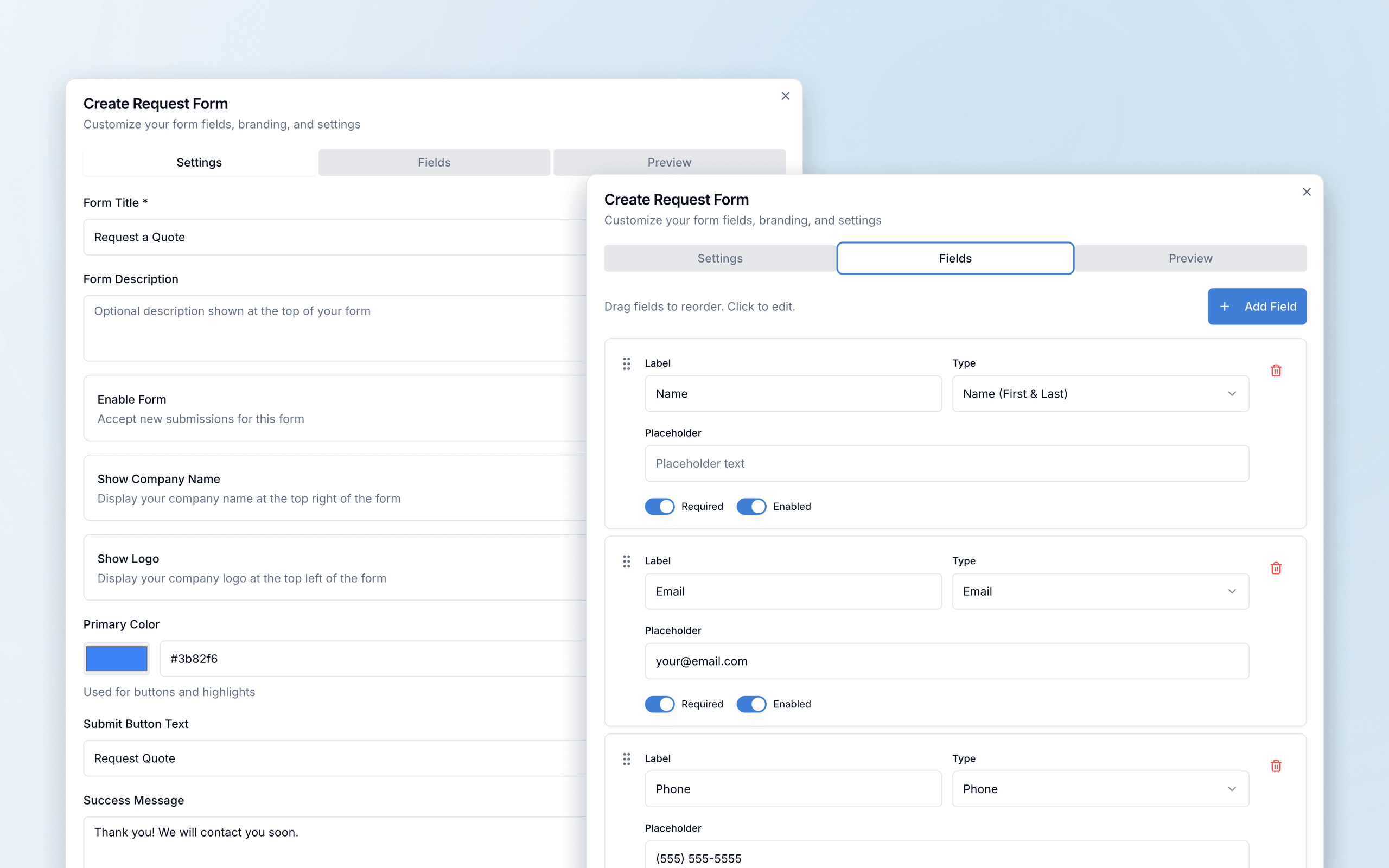 FieldCommerce request form builder showing branding settings layered with the drag-and-drop field editor