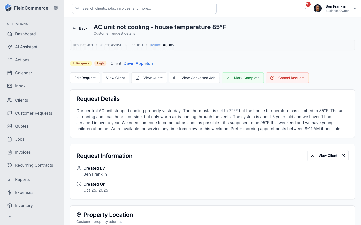 FieldCommerce customer request detail showing the request-to-quote-to-job-to-invoice pipeline with review actions