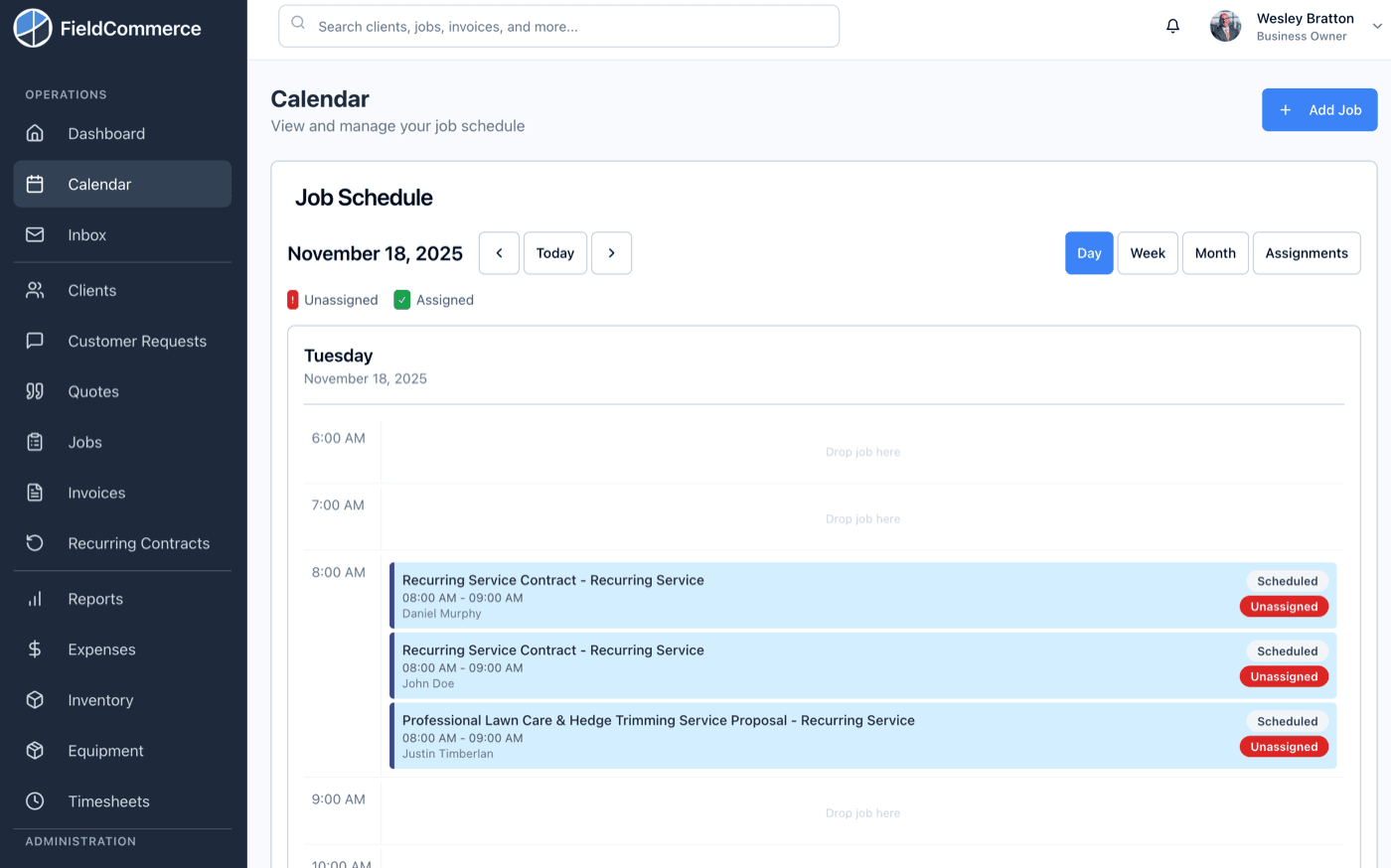 FieldCommerce scheduling calendar with drag-and-drop job management