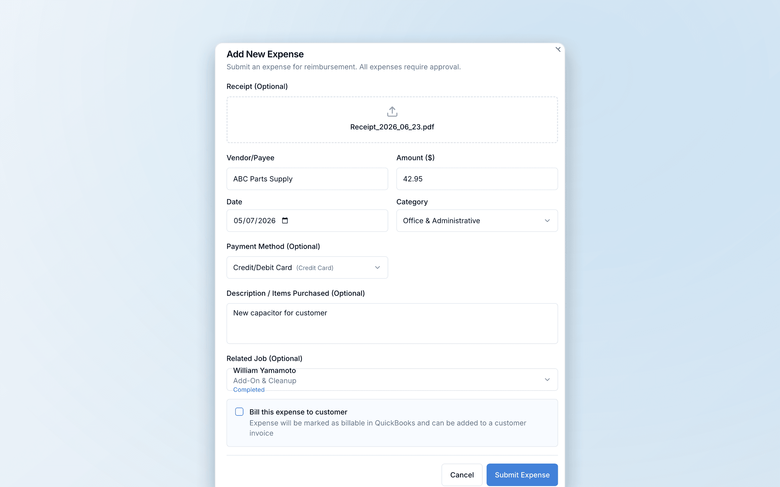 FieldCommerce Add New Expense dialog with receipt upload, category, related job, and bill-to-customer option