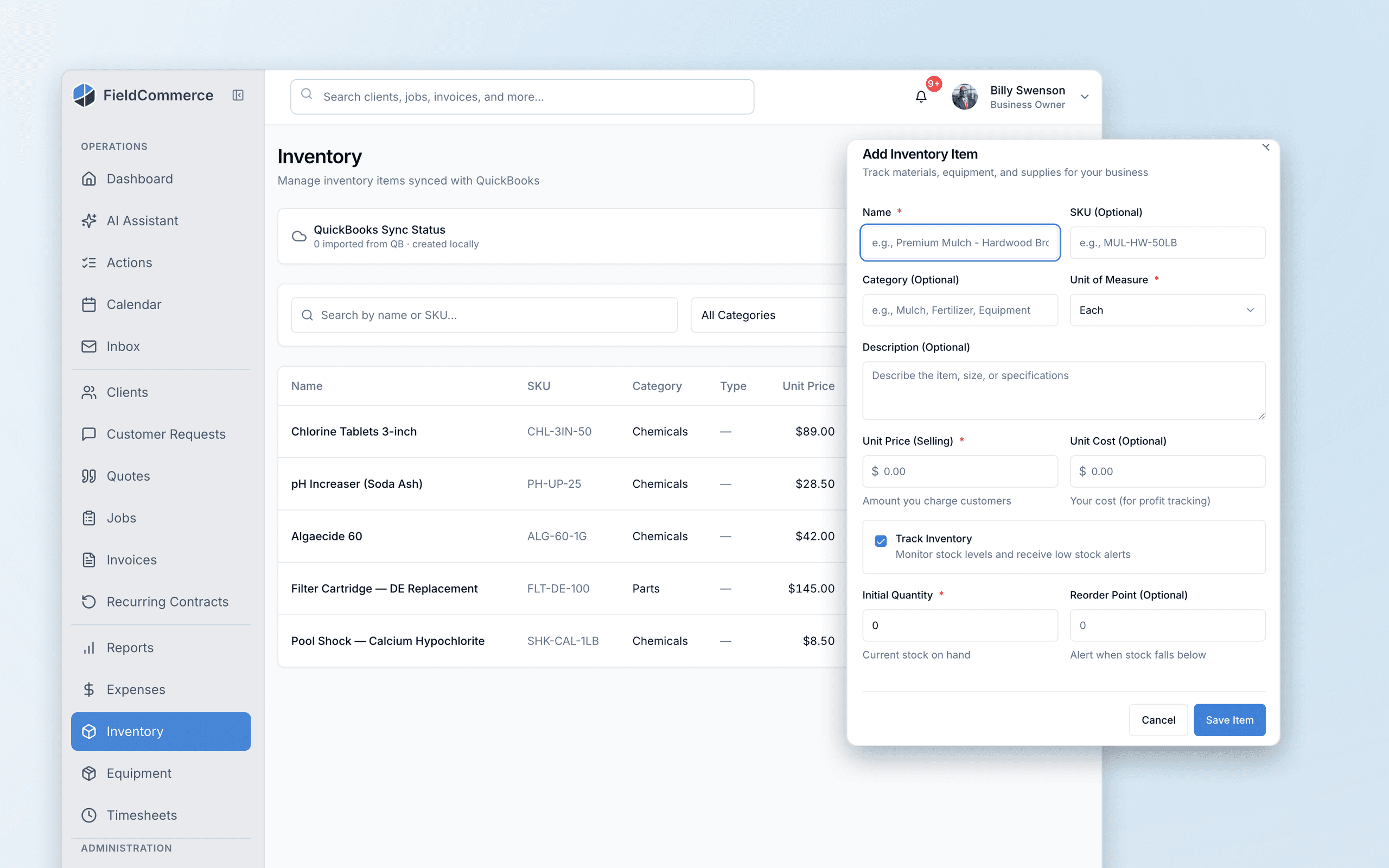 FieldCommerce inventory workspace with the QuickBooks-synced item list and the Add Inventory Item dialog