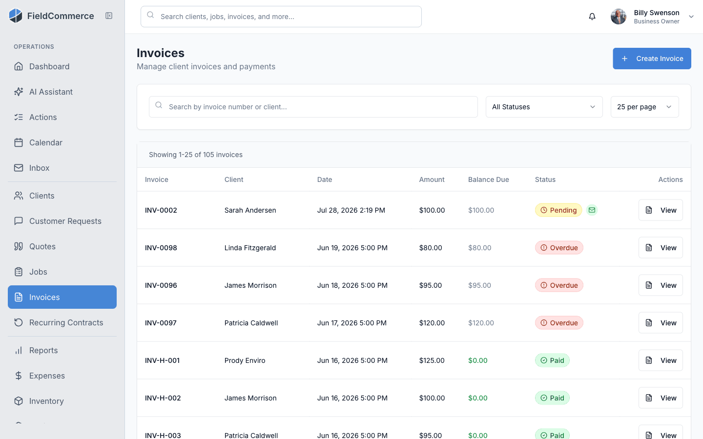 FieldCommerce invoice list with pending, overdue, and paid statuses, balances due, and sent-reminder indicators