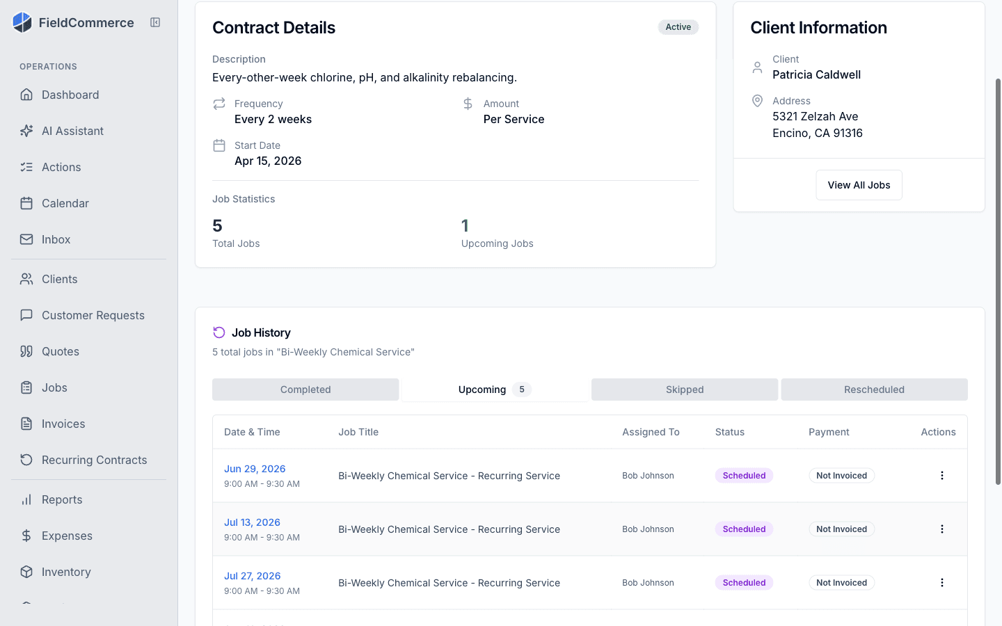 FieldCommerce recurring contract detail with active status, upcoming scheduled visits, assignments, and invoicing state