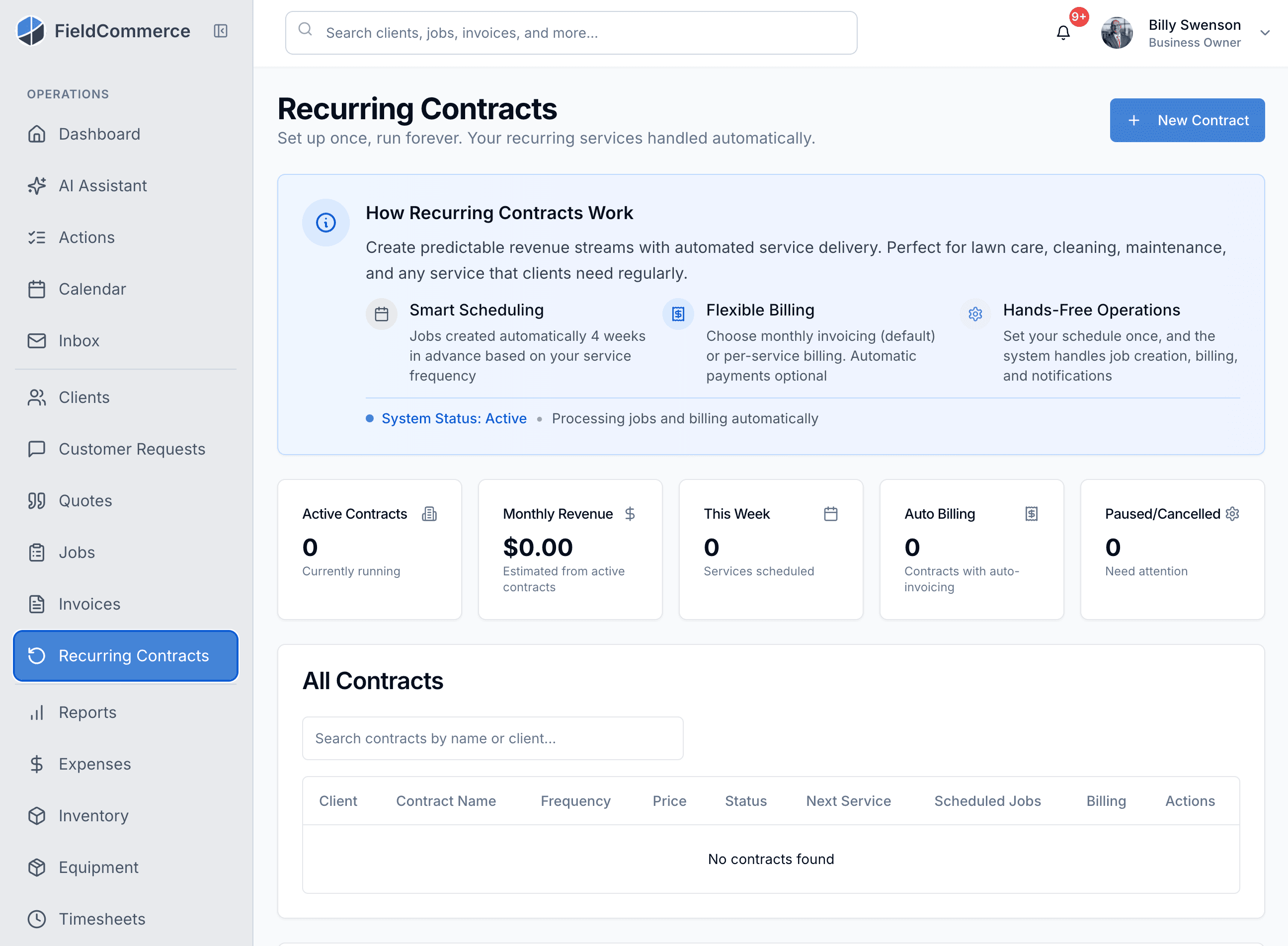 FieldCommerce recurring contracts workspace with smart scheduling, flexible billing, and contract status metrics